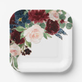 Boho Bloom | Burgund Roter Rot Roush und Navy Blau Pappteller (Vorderseite)