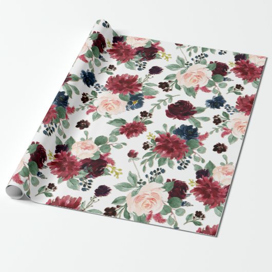 Boho Bloom | Burgund Rustikales blaues und rotes M Geschenkpapier (Ungerollt)