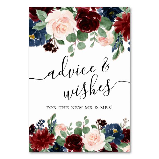 Boho Bloom | Burgund und Navy Blue Adirts wünscht Tischnummer (Vorderseite)