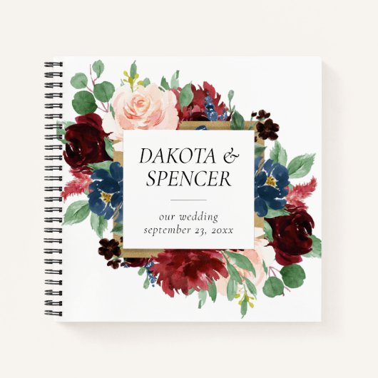 Boho Bloom | Burgund und Navy Foto Gästebuch Notizblock (Vorderseite)