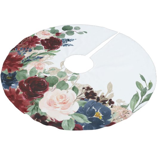 Boho Bloom | Burgunder Roter Flush und Marinemuste Polyester Weihnachtsbaumdecke (Schrägansicht)