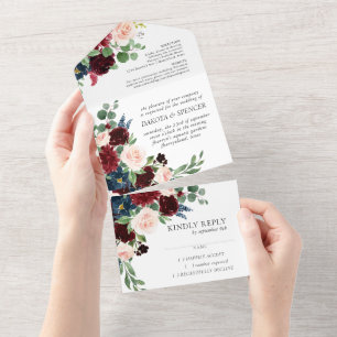 Boho Bloom   Burgunderrot und Marineblau floral All In One Einladung