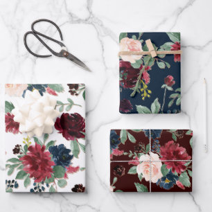 Boho Bloom   Burgunderrot und Navy Blau Floral Geschenkpapier Set