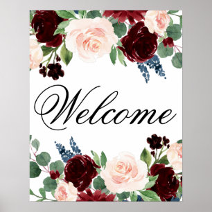 Boho Bloom Burgunderrot und Navy Willkommensschi Poster