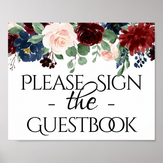 Boho Bloom Burgundy and Navy Blue Guestbook Sign Poster (Vorne)