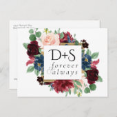 Boho Bloom | Burgundy Navy Monogram Save the Date Ankündigungspostkarte (Vorne/Hinten)