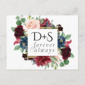 Boho Bloom | Burgundy Navy Monogram Save the Date Ankündigungspostkarte (Vorderseite)