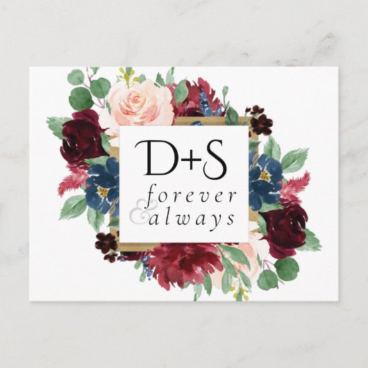 Boho Bloom | Burgundy Navy Monogram Save the Date Ankündigungspostkarte (Vorderseite)