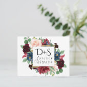 Boho Bloom | Burgundy Navy Monogram Save the Date Ankündigungspostkarte (Stehend Vorderseite)