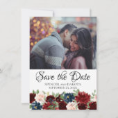 Boho Bloom | Burgundy Red and Navy Blue 2 Foto Save The Date (Vorderseite)