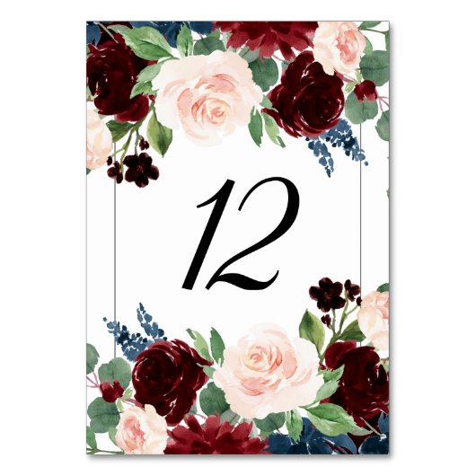 Boho Bloom | Burgundy Red and Navy Blue Bouquets Tischnummer (Rückseite)