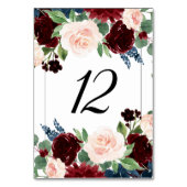 Boho Bloom | Burgundy Red and Navy Blue Bouquets Tischnummer (Vorderseite)