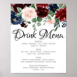 Boho Bloom Burgundy | Red and Navy Blue Drink Menu Poster