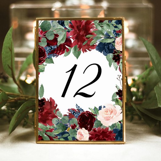 Boho Bloom | Burgundy Red and Navy Blue Frame Tischnummer