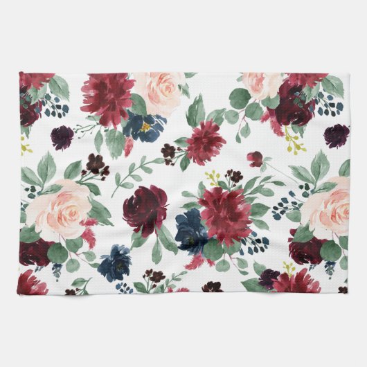 Boho Bloom | Burgundy Red and Navy Blue Pattern Geschirrtuch (Horizontal)