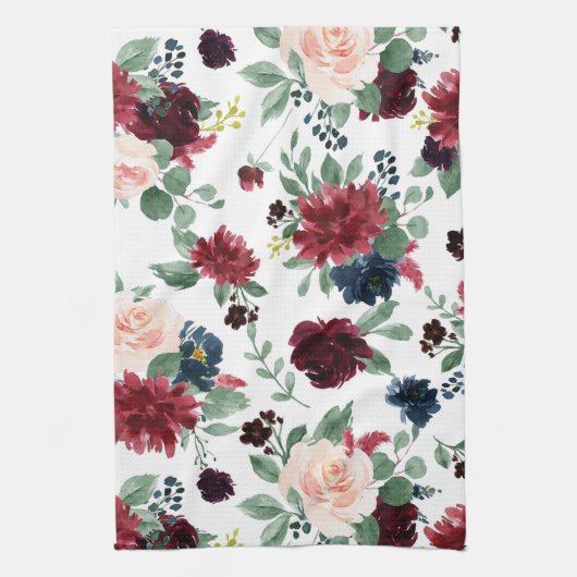 Boho Bloom | Burgundy Red and Navy Blue Pattern Geschirrtuch (Vertikal)