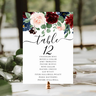 Boho Bloom | Burgundy Red and Navy Blue Seats Tischnummer