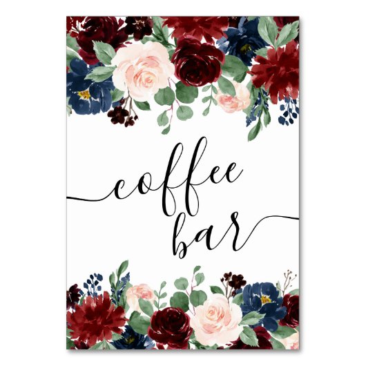 Boho Bloom | Burgundy Red and Navy Coffee Bar Tischnummer (Vorderseite)