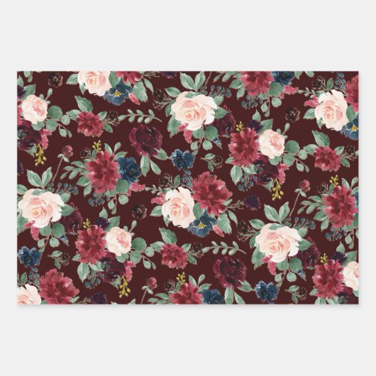 Boho Bloom | Burgundy Rot und Navy Blue Floral Geschenkpapier Set (Vorderseite 3)