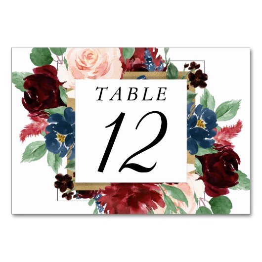 Boho Bloom | Burgundy Rot und Navy Blue Kreath Tischnummer (Vorderseite)