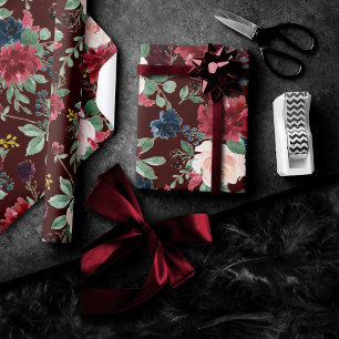 Boho Bloom Dunkler Eleganter Roter Blush und Nav Geschenkpapier