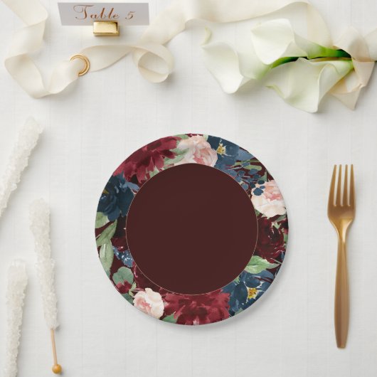 Boho Bloom | Dunkler Eleganter Roter Blush und Nav Pappteller (Hochzeit)
