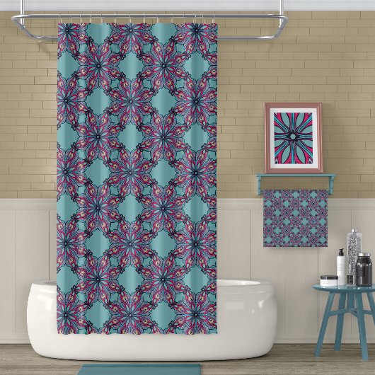 Boho Bloom Duschvorhang in Aquablau
