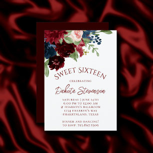 Boho Bloom   Elegant Burgund Rote Flora Sweet 16 Einladung