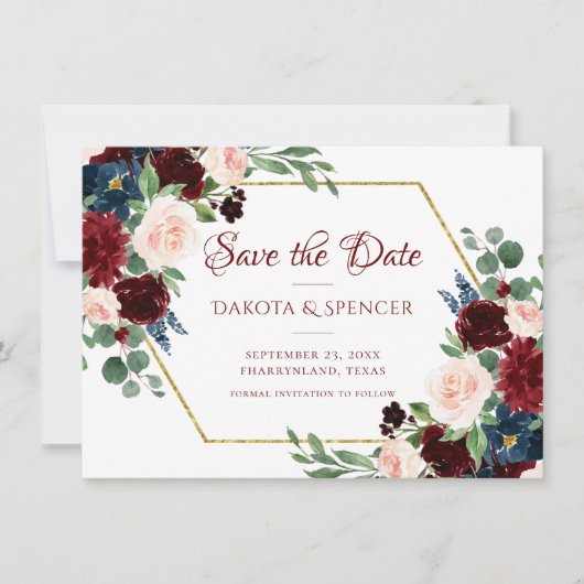Boho Bloom | Eleganter Burgundy-Gold-Rahmen Save The Date (Vorderseite)