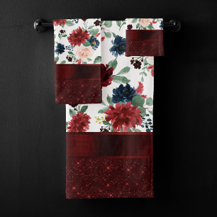 Boho Bloom   Elegantes Rot- und Blütenschimmer-Mus Badhandtuch Set