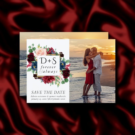 Boho Bloom | Foto Burgund und Marine Monogram 2 Save The Date