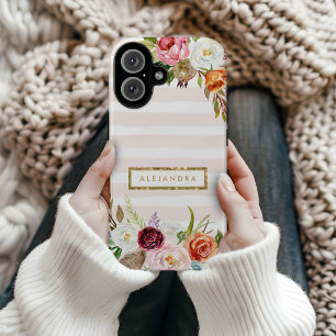 Boho Blooms Blush Streifen Monogramm iPhone 16 Hülle