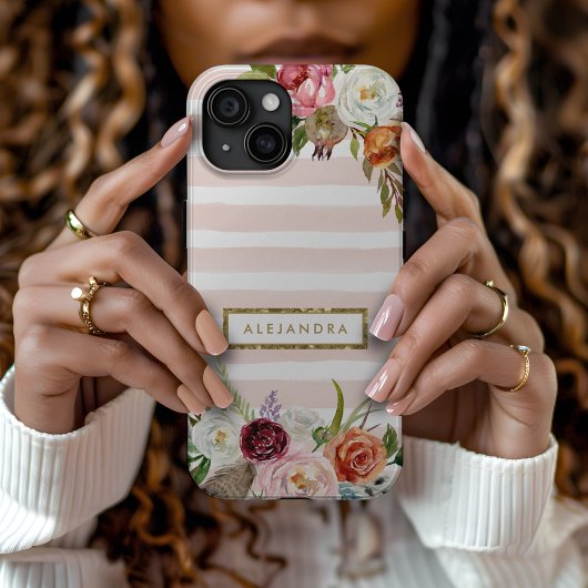Boho Blooms Blush Stripe Monogram Case-Mate iPhone Hülle