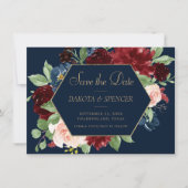 Boho Blooms | Dark Navy Blue und Burgund Red Save The Date (Vorderseite)