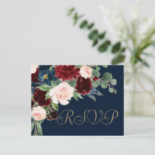 Boho Blooms   Dark Navy Blue und Burgund Response Postkarte