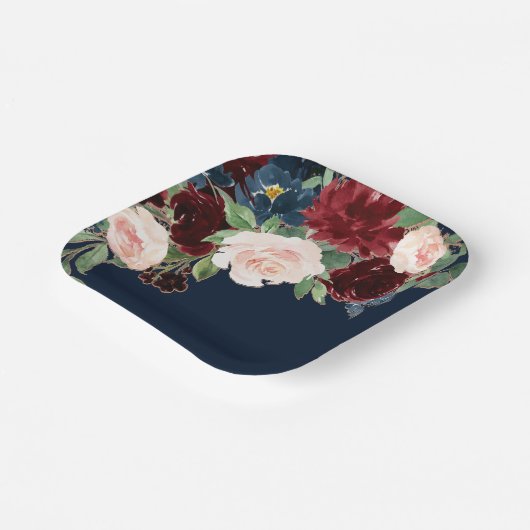 Boho Blooms | Dark Navy Blue und Burgundy Bouquet Pappteller (Gewinkelt)