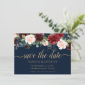 Boho Blooms | Dark Rustic Navy Blue and Burgund Save The Date (Stehend Vorderseite)