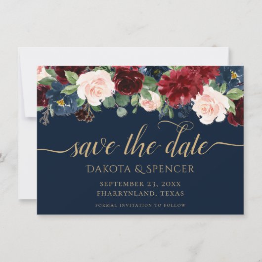 Boho Blooms | Dark Rustic Navy Blue and Burgund Save The Date (Vorderseite)