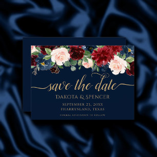 Boho Blooms   Dark Rustic Navy Blue and Burgund Save The Date