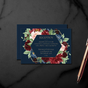 Boho Blooms   Dunkle Marine und Burgund Empfang Begleitkarte