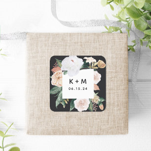 Boho Blooms Modern Floral Wedding Monogram Quadratischer Aufkleber