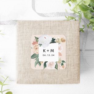 Boho Blooms Modern Floral Wedding Monogram Quadratischer Aufkleber