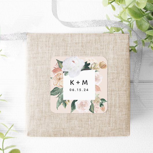 Boho Blooms Modern Floral Wedding Monogram Quadratischer Aufkleber