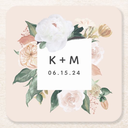 Boho Blooms Modern Floral Wedding Monogram Rechteckiger Pappuntersetzer (Vorderseite)