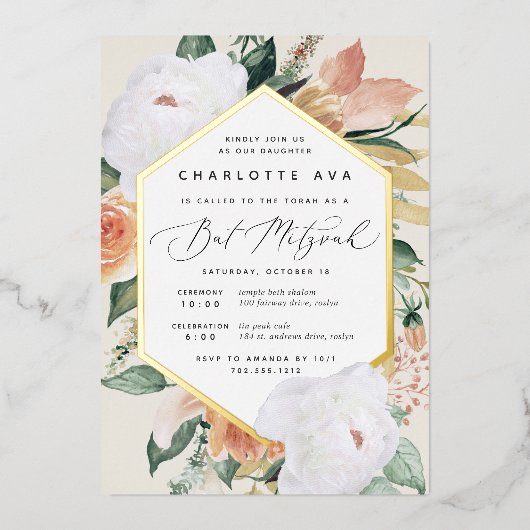 Boho Blooms Moderner Blumenbat Mitzvah Folieneinladung (Vorderseite)