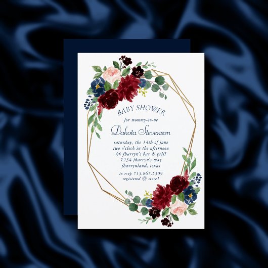 Boho Blooms | Rustic Navy Blue and Burgundy Shower Einladung