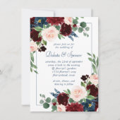 Boho Blooms | Rustikales Navy Blue und Burgund Red Einladung (Vorderseite)
