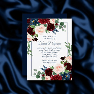 Boho Blooms   Rustikales Navy Blue und Burgund Red Einladung