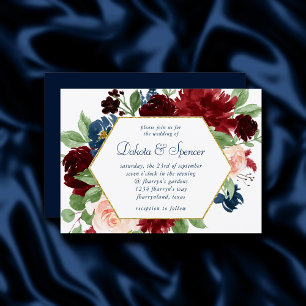 Boho Blooms   Rustikales Navy Blue und Burgund Wre Einladung
