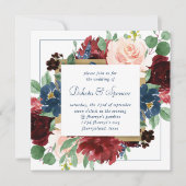 Boho Blooms | Rustikales Navy Blue und Burgund Wre Einladung (Vorderseite)